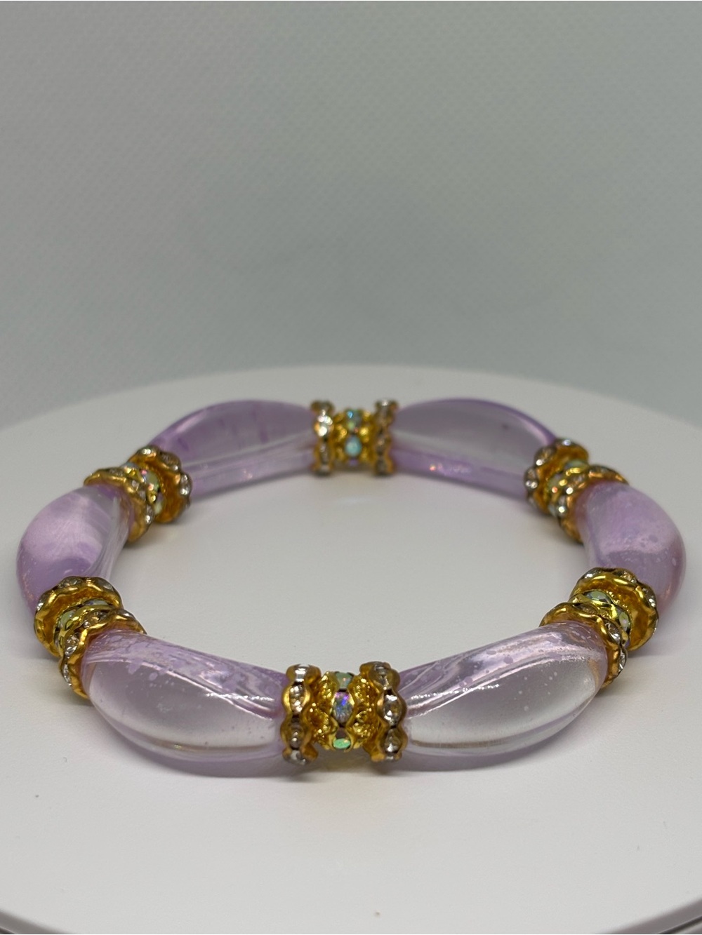 Elegant Hand crafted Lavender bubble curved Glass Bead Bracelet with Gold Accent